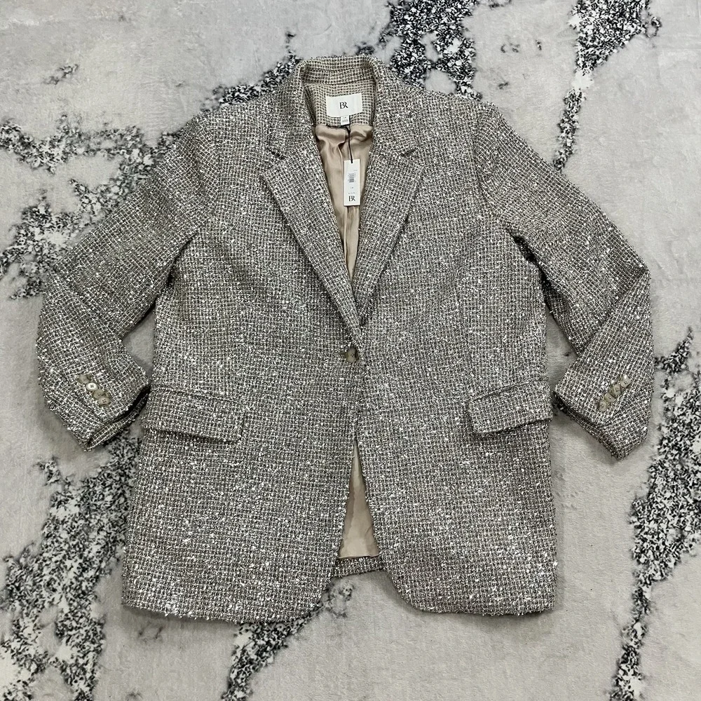 BR Tweed Blazer‎ Womens Size 14 NWT Textured Career Jacket Neutral Boucle
